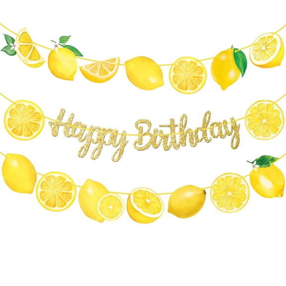 3-Piece Set Lemon Happy Birthday Banners Glitter Gold Lemongrass Birthday Party Decorations Yellow Lemon Lemonade Party Decorations for Summer Fruit Themed Bridal Shower Supplies