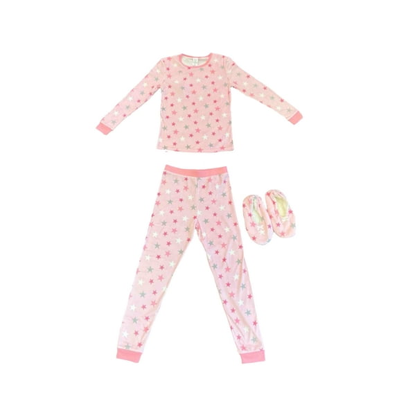 Modern Kids Girls Long Sleeve Pajama with Bonus Cozy Slipper 2-Piece Set, Sizes 4-16