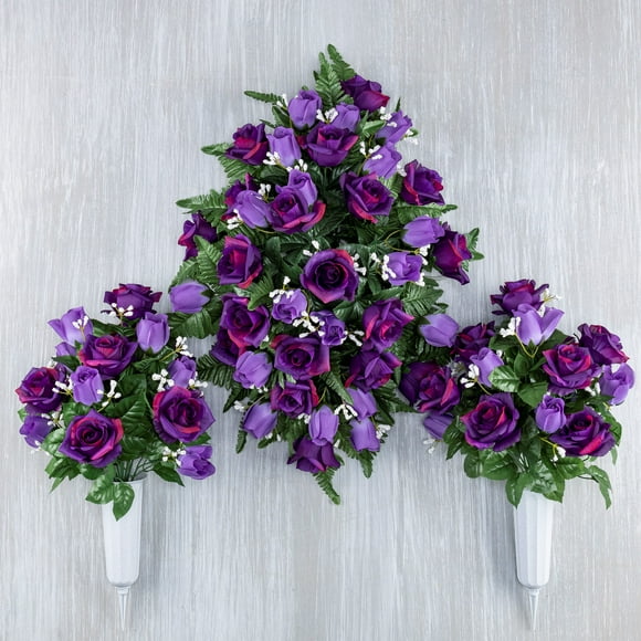 3 Piece Set Mixed Purple Roses and Rose Buds Memorial Set