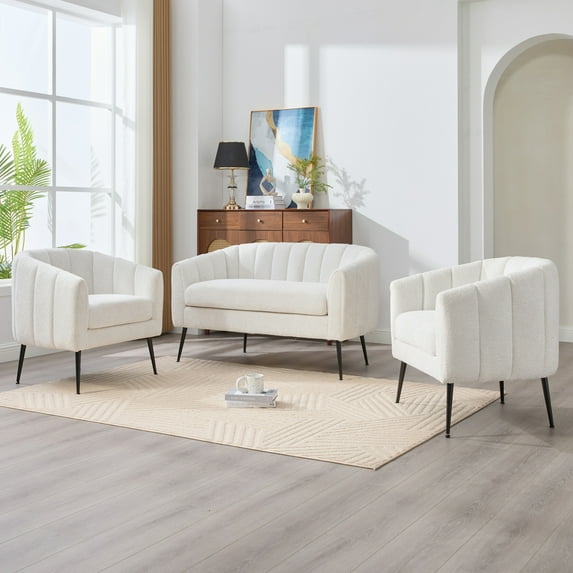 3-Piece Set Modern Accent Chair with Metal Legs, Upholstered Chenille Lounge Chair, Leisure Armchair for Living Rooms, Bedrooms, Reception, Studio, Office, Ivory