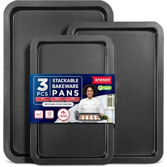 3 Piece Set Nonstick Carbon Steel Oven Bakeware -Professional Quality Kitchen Cooking Baking Trays Small, Medium & Large Baking Sheet Pans