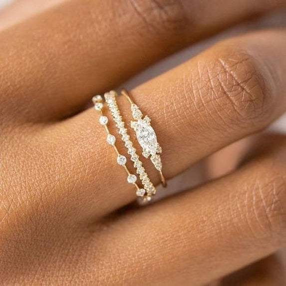 Gold Plated Diamond Ring Set 3 Piece For Women Rhombus Style European American Wedding Jewelry Gift Alloy Base