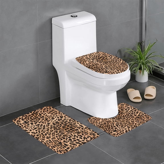 3-Piece Set Of Non-Slip Water Absorbent Bathroom Mats Washable Microfiber Bathroom Mat Set Leopard Print Pattern