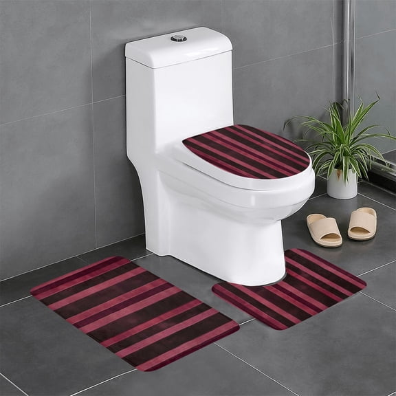 3-Piece Set Of Non-Slip Water Absorbent Bathroom Mats Washable Microfiber Bathroom Mat Set Maroon Stripe_2