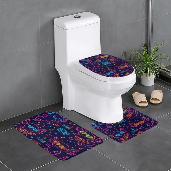 3-Piece Set Of Non-Slip Water Absorbent Bathroom Mats Washable Microfiber Bathroom Mat Set Neon Party Axolotls - 80s Synthwave