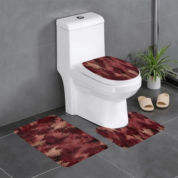 3-Piece Set Of Non-Slip Water Absorbent Bathroom Mats Washable Microfiber Bathroom Mat Set Realistic Forests Camouflage Pattern Conifer Maroon_1