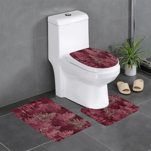 3-Piece Set Of Non-Slip Water Absorbent Bathroom Mats Washable Microfiber Bathroom Mat Set Realistic Forests Camouflage Pattern Conifer Maroon_2