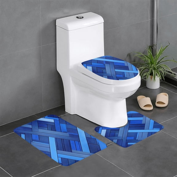 3-Piece Set Of Non-Slip Water Absorbent Bathroom Mats Washable Microfiber Bathroom Mat Set Royalblue Geometric Lines_3