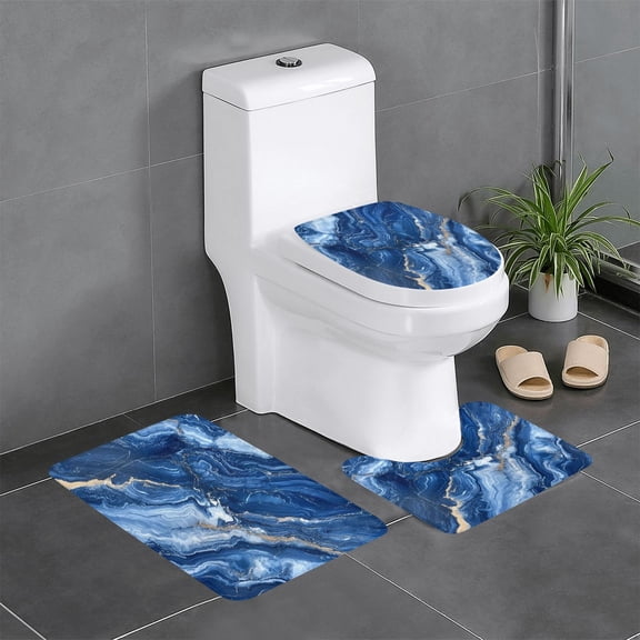 3-Piece Set Of Non-Slip Water Absorbent Bathroom Mats Washable Microfiber Bathroom Mat Set Royalblue Marble_2