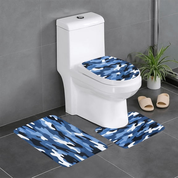 3-Piece Set Of Non-Slip Water Absorbent Bathroom Mats Washable Microfiber Bathroom Mat Set Vector Camouflage Pattern Blue_2