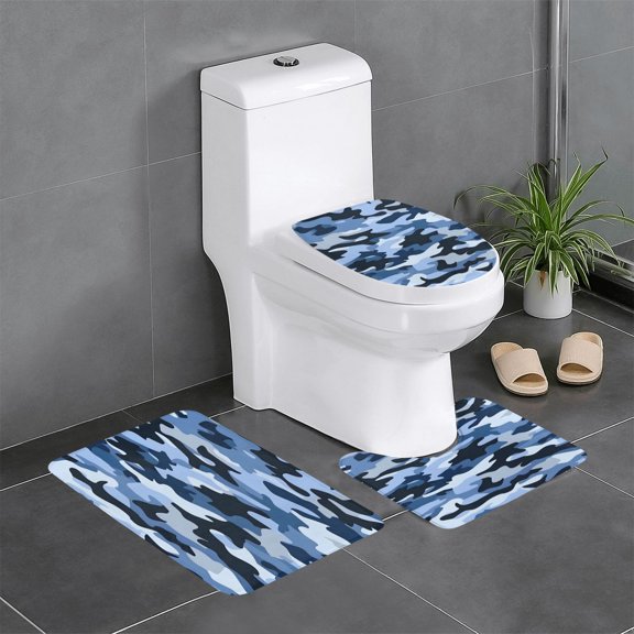 3-Piece Set Of Non-Slip Water Absorbent Bathroom Mats Washable Microfiber Bathroom Mat Set Vector Camouflage Pattern Blue_4