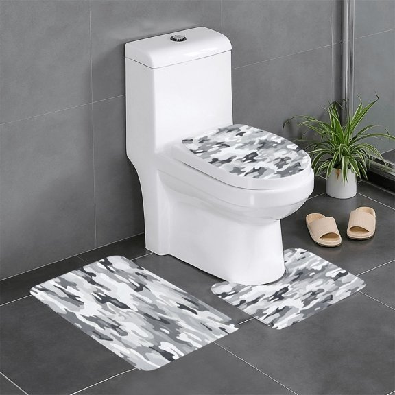 3-Piece Set Of Non-Slip Water Absorbent Bathroom Mats Washable Microfiber Bathroom Mat Set Vector Camouflage Pattern Gray_3