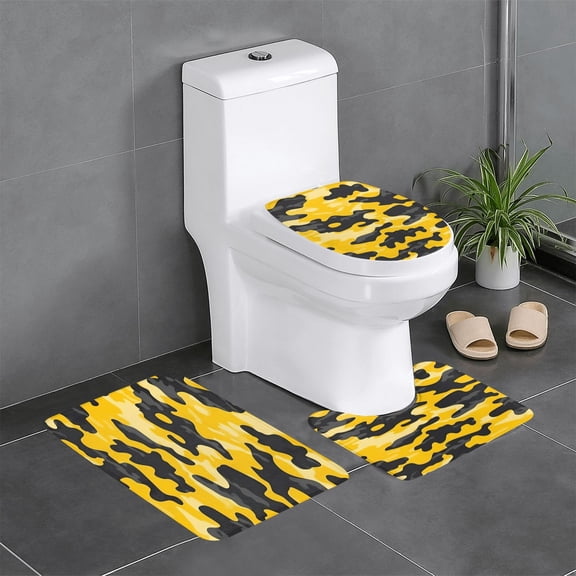 3-Piece Set Of Non-Slip Water Absorbent Bathroom Mats Washable Microfiber Bathroom Mat Set Vector Camouflage Pattern Yellow_3
