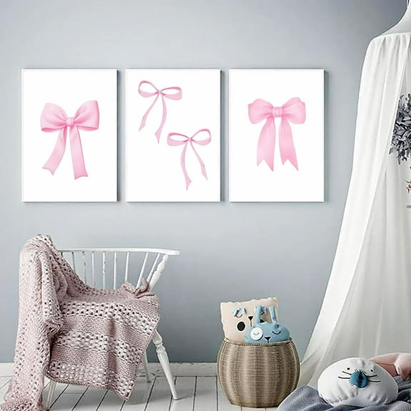 3 Piece Set of Pink Bow Canvas Wall Art Pink Preppy Posters Girls' Rooms Nursery Bedrooms Pink Posters Prints Pink Bow picture Bedroom Wall Decor (20X28Inch Unframed)