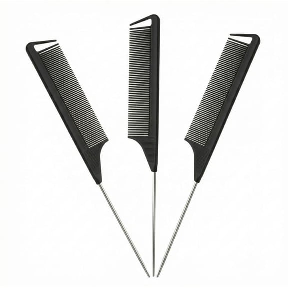 3-Piece Set of Rat Tail Comb, Heat Resistant Carbon Fiber Hair Rat Tail Comb, Stainless Steel Pintail, Fine Tooth Teasing Comb for Detangling and Parting for Professional Styling