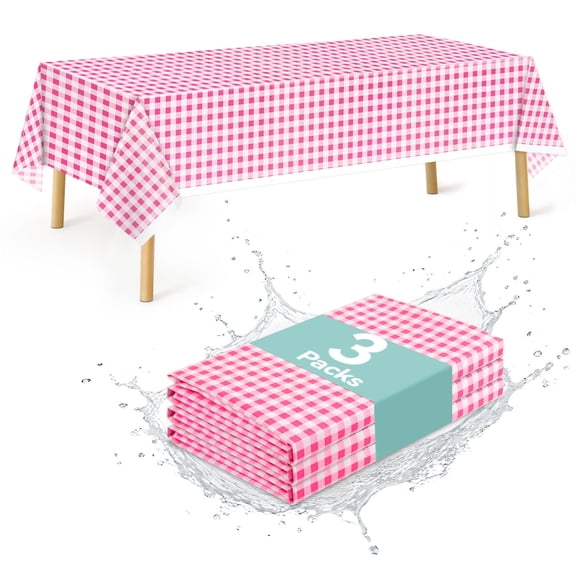 3 Piece Set of Rose Pink Checkered Tablecloths Rose Pink and White Disposable Plastic Checkered Tablecloths 54 x 108 Inch Rectangular Size Holiday Party Supplies
