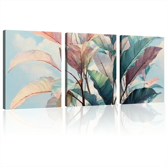 3-Piece Set, Tropical Leaves Canvas Wall Art, Monstera& Palm Leaves, Watercolor Style, Boho Decor, Wooden Frame, Vertical Landscape Prints for Home, Office, Bathroom12*16inch*3pcs
