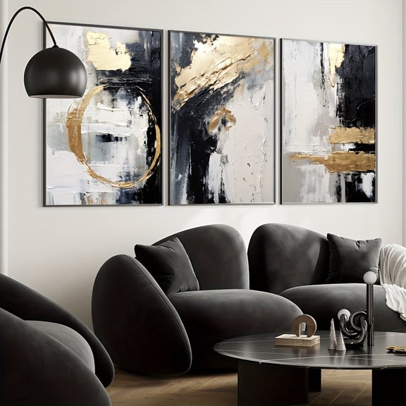 3-Piece Set, Unframed Black & Golden Abstract Art Posters, Modern Minimalist Geometric Canvas Prints, 11.8x15.7 inches, Vertical Wall Art for Home Office, Living Room, Bedroom, Dorm, Modern Home Dec