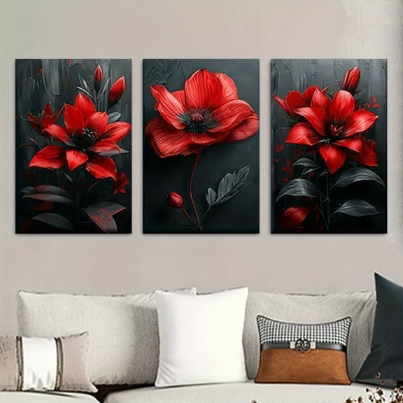 3-Piece Set of Vibrant Red Floral Canvas Paintings - Frameless, Elegant Abstract Art, Suitable for Living Room, Office, Cafe, Bar - Birthday, Festival, Valentine's Day