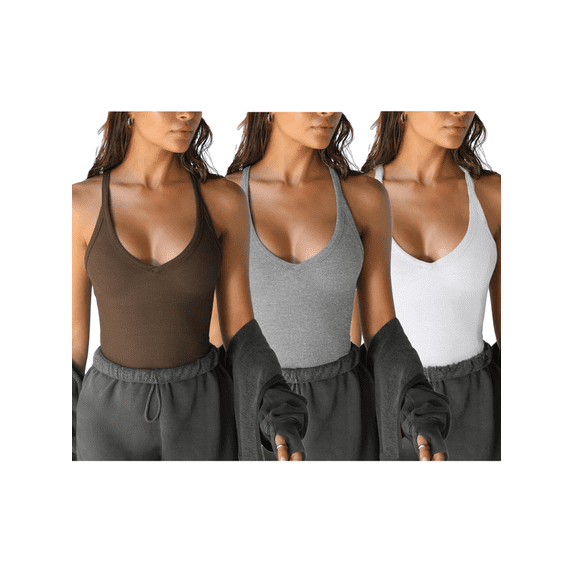 3-Piece Set Women's V-Neck Ribbed Long Slim Fit Basic Tank Tops