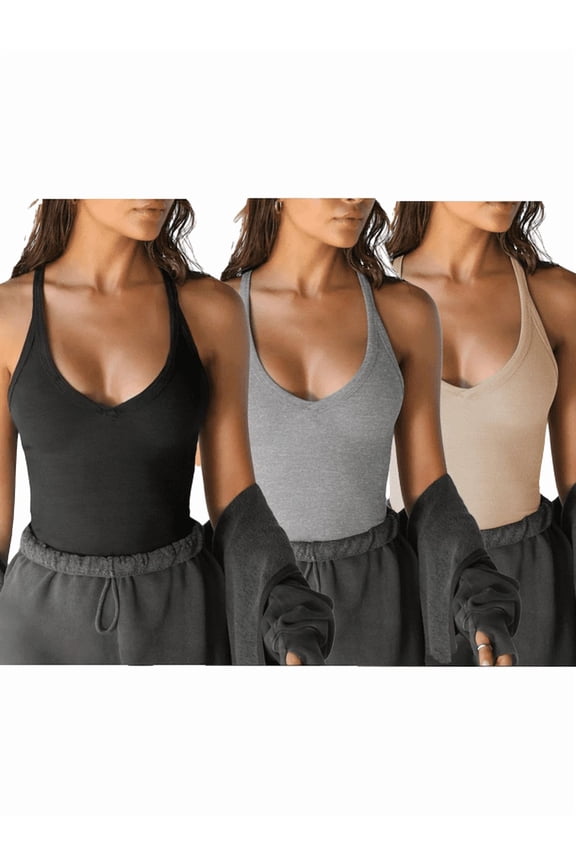3-Piece Set Women's V-Neck Ribbed Long Slim Fit Basic Tank Tops
