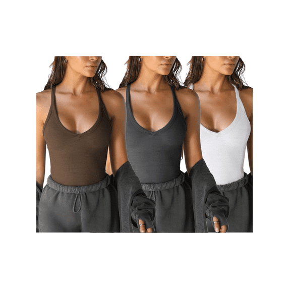 3-Piece Set Women's V-Neck Ribbed Long Slim Fit Basic Tank Tops