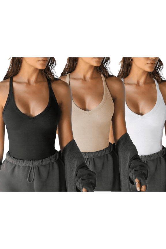 3-Piece Set Women's V-Neck Ribbed Long Slim Fit Basic Tank Tops