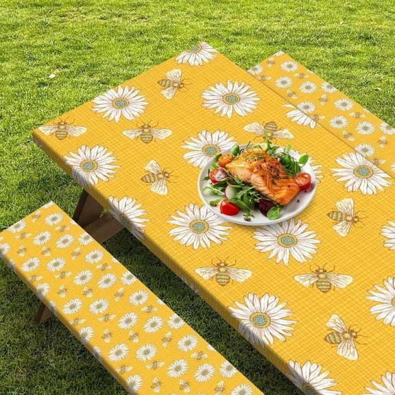 3 Piece Set Yellow Daisy & Bee Pattern Fitted Picnic Table And Bench Covers - Durable Polyester Outdoor Patio Furniture Covers