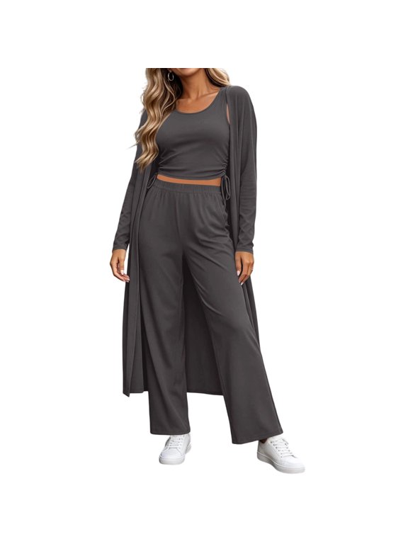 3-Piece Set for Women Fashion Casual Long Cardigan Knitted Drawstring Pocket Pants Gray S