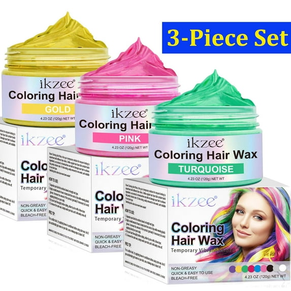 3-Piece Set ikzee Coloring Hair Wax (Pink + Green + Gold), Hair Styling Clay for Cosplay Party, for Women Men Kids