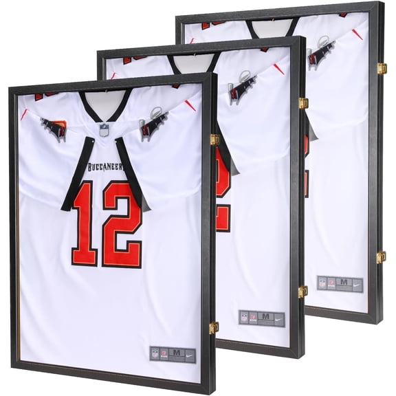 GUTAG 3-Piece Set ofJersey Display Frames, Black, Secure Locking Jersey Shadow Boxes with PC Glass Offering 98% UV Protection, Includes Hangers