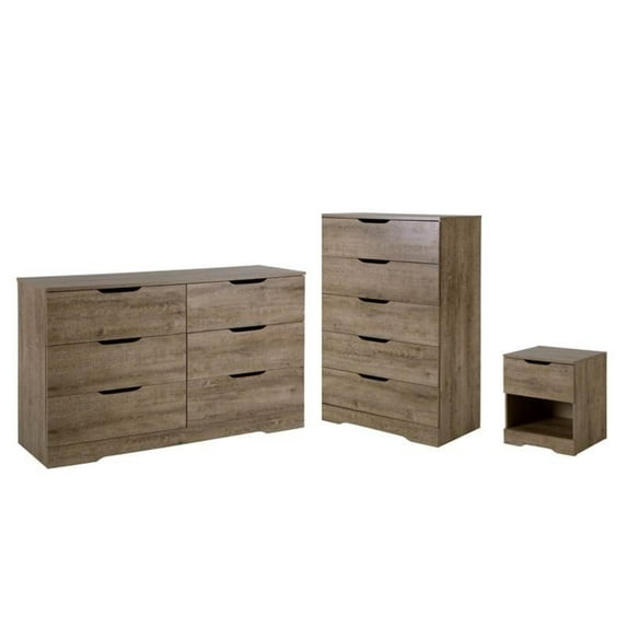 3 Piece Set with Dresser Chest and Nightstand in Weathered Oak