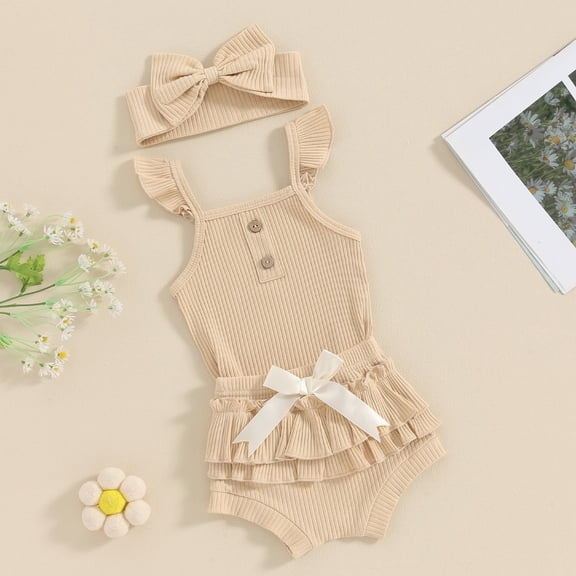 3 Piece Sets for Newborn Girls 3M-24M Cute Ruffle Sleeveless Bodysuits Shorts and Hairbands Outfits Infants Toddlers Solid Short Set Summer