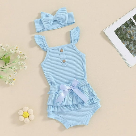 3 Piece Sets for Newborn Girls 3M-24M Cute Ruffle Sleeveless Bodysuits Shorts and Hairbands Outfits Infants Toddlers Solid Short Set Summer