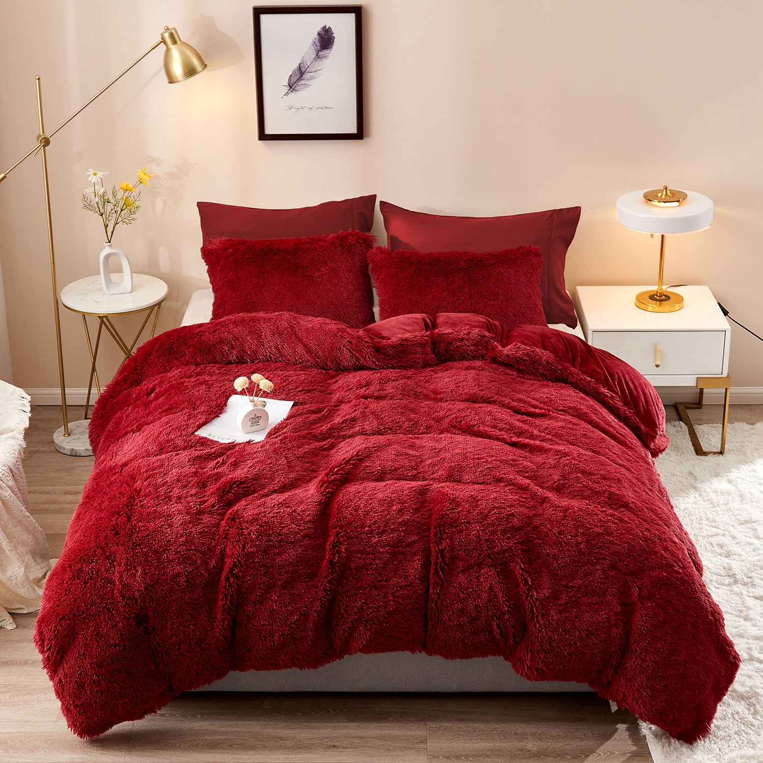 5Pcs Plush Fluffy Bedding Duvet Cover Set Faux Fur Velvet Fluffy Bed Sets  Luxury Ultra Soft Fuzzy Comforter Cover (…