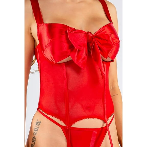 3 Piece Sheer Mesh Corset Lingerie Set Bow Bust Detail Bustier G-String Thong Panty Garter Straps