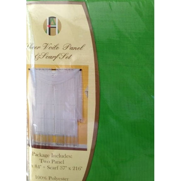 3 Piece Sheer Voile Curtain Panel Set: 2 Panels and 1 Scarf (Lime Green)