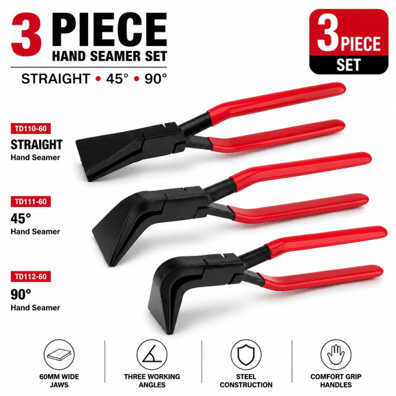 3-Piece Sheet Metal Hand Seamer Set, 60mm Straight, 45 and 90 Degree