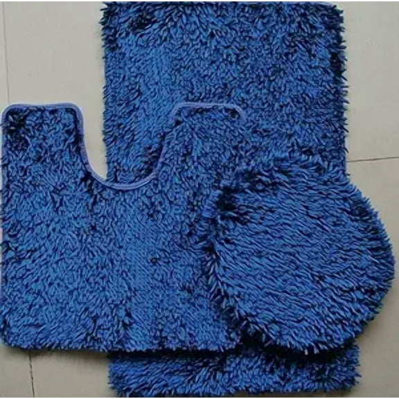 3 Piece Shiny Chenille Bath Rugs Set, Includes Area Rug, Contour Rug and Lid Cover, Navy Blue
