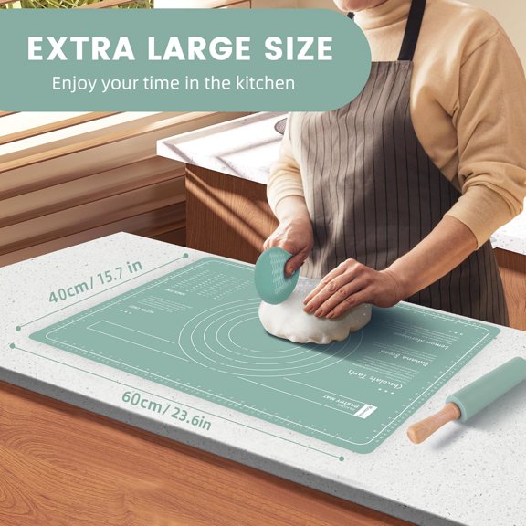 3-Piece Silicone Rolling Pin and Pastry Mat Set, Large 24x16 Non-Stick Baking Mat with Measurements, 15" Dough Roller & Scraper for Pizza Pie Cookie, Green