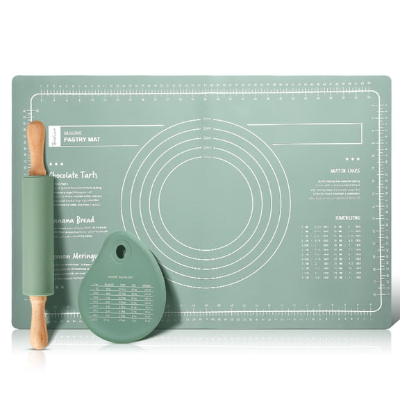 3-Piece Silicone Rolling Pin and Pastry Mat Set, Large 24x16 Non-Stick Baking Mat with Measurements, 15" Dough Roller & Scraper for Pizza Pie Cookie, Green