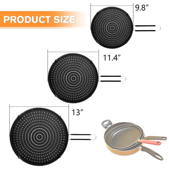 3-Piece Silicone Splatter Screen Set for Frying Pan, Heat-Resistant Grease Splatter Guard, Dishwasher Safe, 9.8", 11.4", 13"