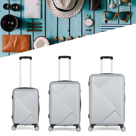3 Piece Silver Luggage Set Hard Side Lightweight Luggage 20/24/28In+Spinner Wheels