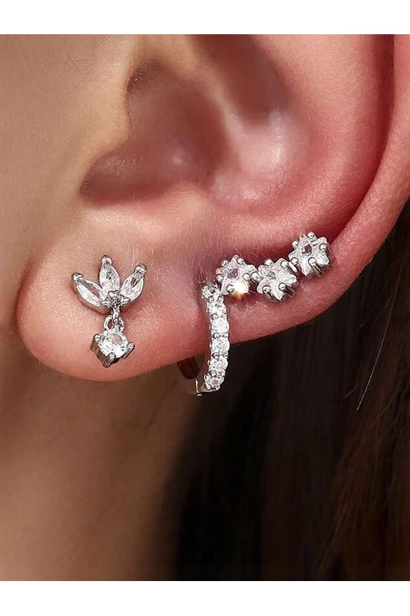 3-Piece Silvertone Zirconia Ear Cuff Set Floral & Hoop Design Silver