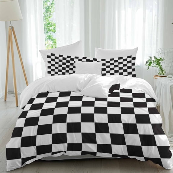 3 Piece Simple Black White Checkered Duvet Cover Set Full Size, Microfiber Comforter/Quilt Cover with Corner Ties and 2 Pillowcases, Lattice Buffalo Plaid All Season Soft Bedding with Zipper Closure