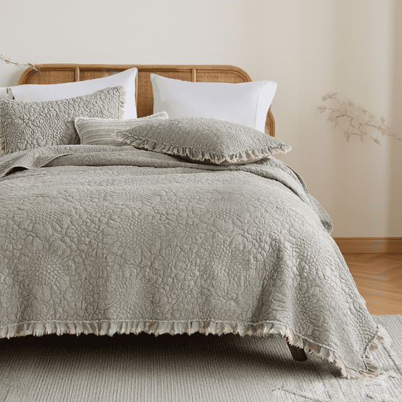 3-Piece Size Beige Ruffled Quilt Set, -Washed Microfiber Crinkled Reversible Bedspread with 2 Pillow Shams, Farmhouse Style