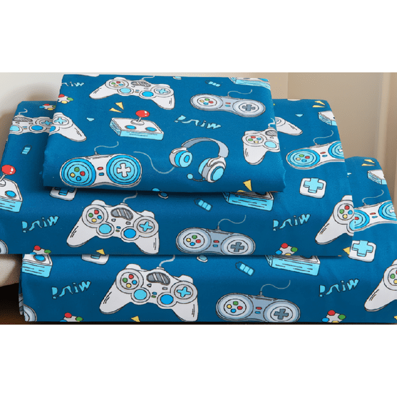 3-Piece Size Sheet Set, Game Controller Print, Double Brushed Microfiber Fitted Sheet with 15 Inch Deep Pocket and Corner Straps