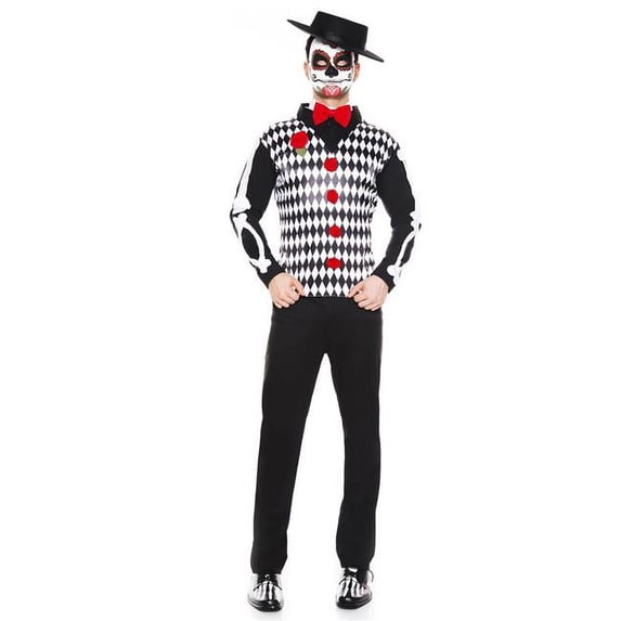 3 Piece Skeleton Print with Harlequin Look Attached Vest, Roses, & Bow with Hat & Mask, Extra Large