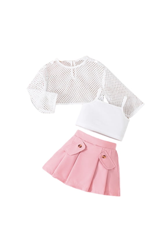 3 Piece Skirt Suit Toddler Girl Hollow Out Tops Crop Camisole Pleated Mini Skirt Kids Fashion Clothes Matching Set, Pink, 3 Years