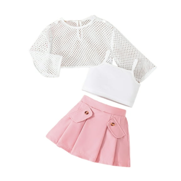 3 Piece Skirt Suit Toddler Girl Hollow Out Tops Crop Camisole Pleated Mini Skirt Kids Fashion Clothes Matching Set, Pink, 4 Years